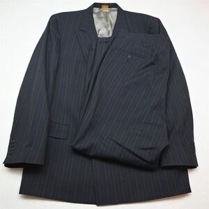 Vtg USA Made Double Breasted 42L 38x32 Blue Striped Wool Mens Jacket Pants Suit